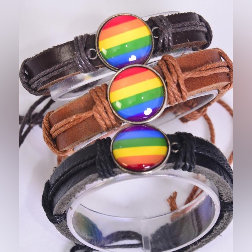 25159 Pack of 3 Rainbow Pride Adjustable Real Leather Bracelets